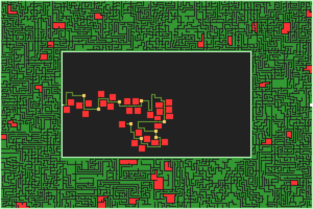 A complicated maze with a dungeon complex in its centre
